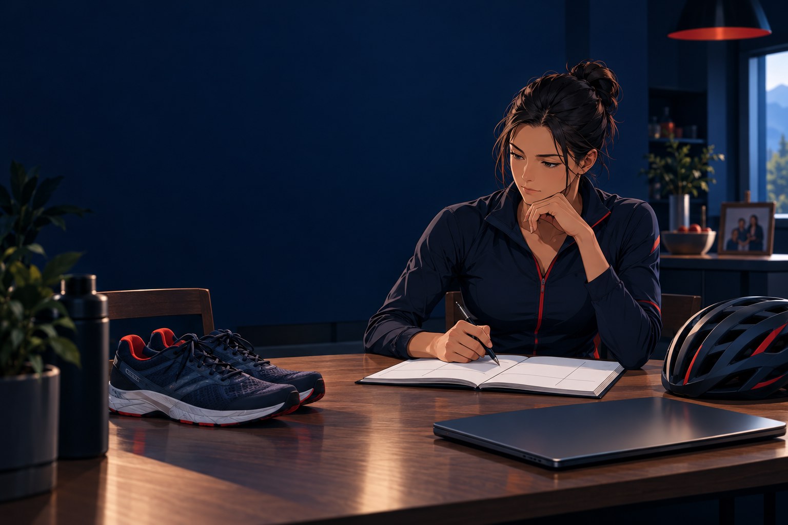 Fictional endurance athlete planning a training week at home beside running shoes and a cycling helmet