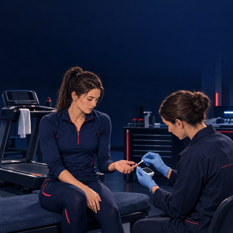 Illustration of a runner having a fingertip lactate sample taken beside a treadmill in a navy performance lab.